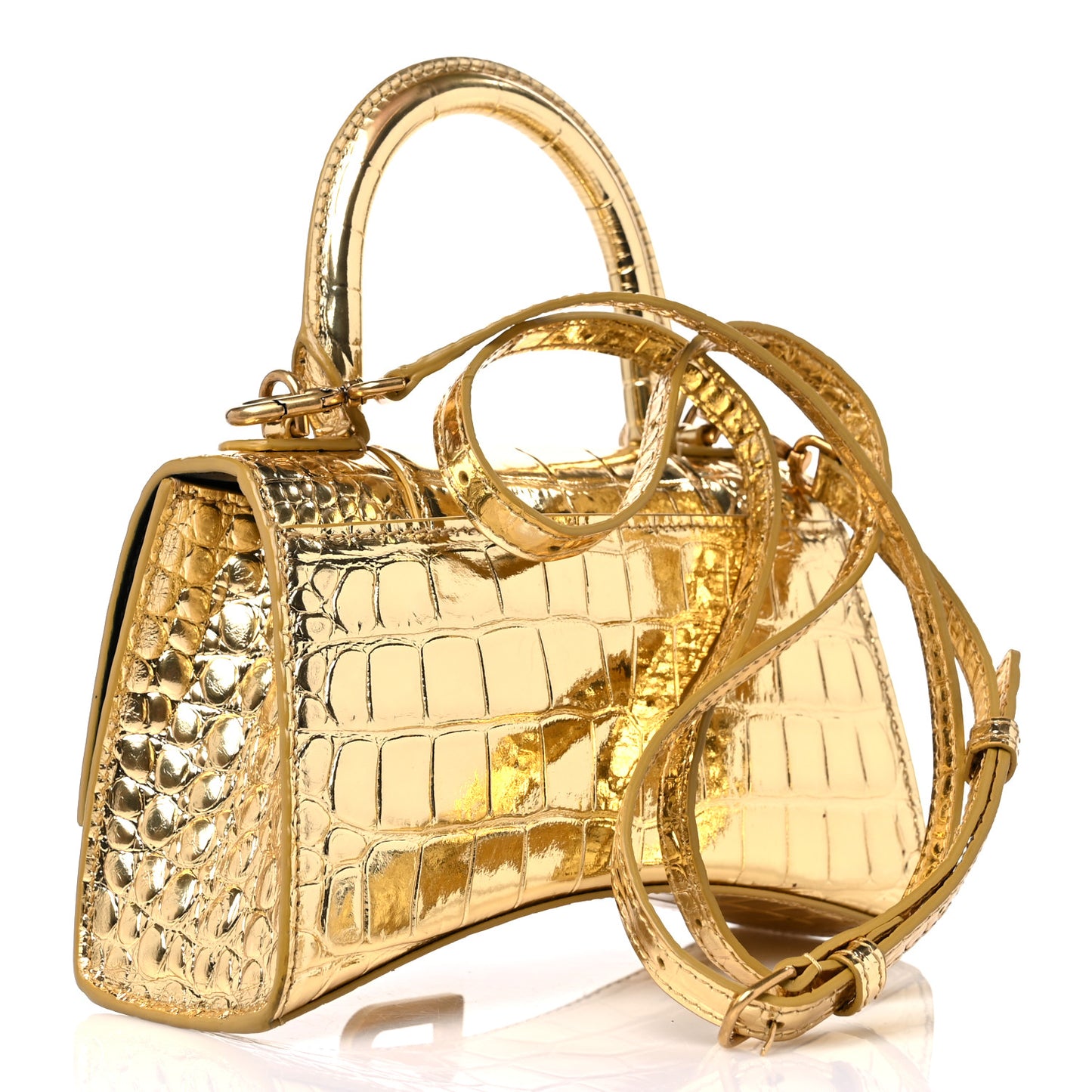 Metallic Calfskin Crocodile Embossed Hourglass Top Handle Bag XS Gold