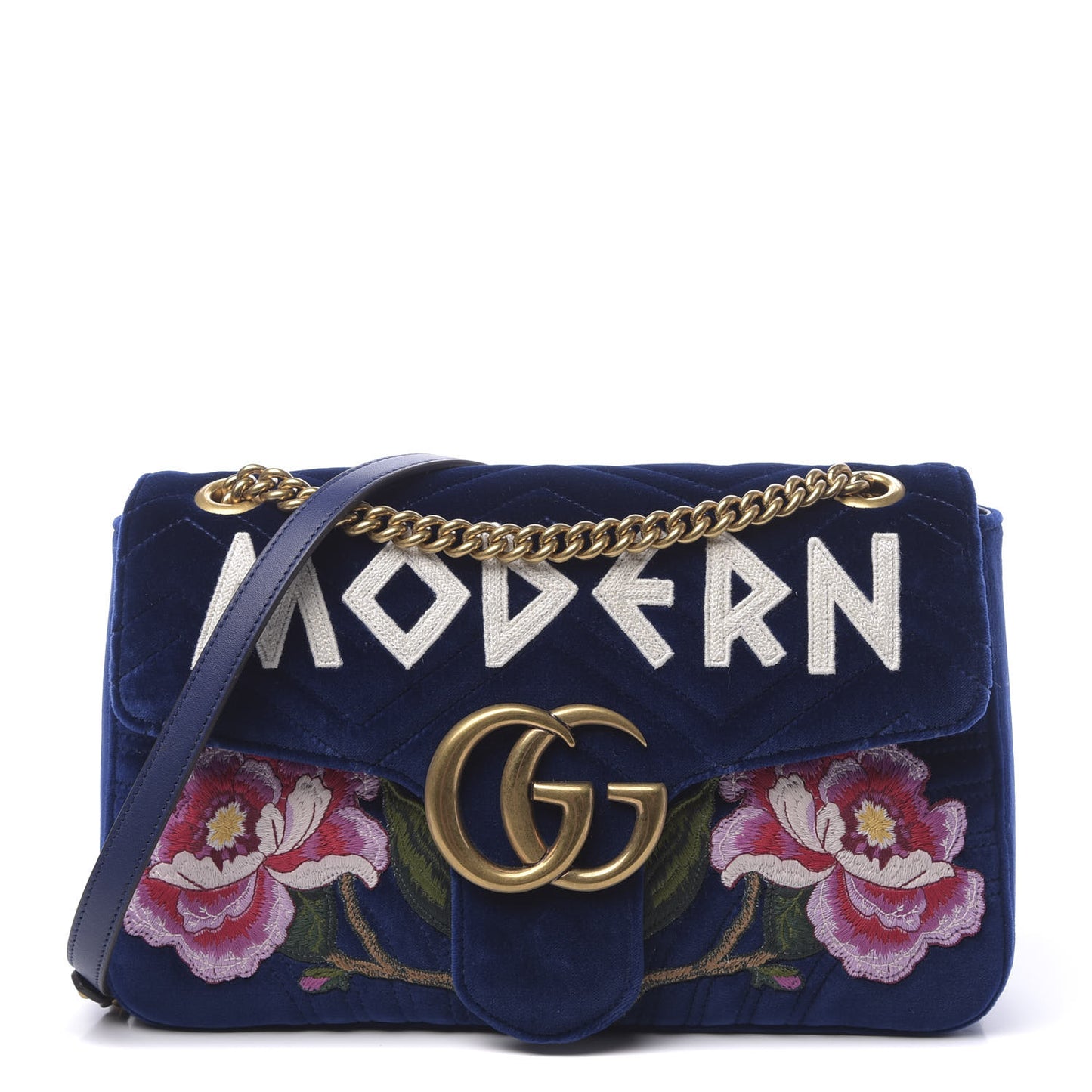 Velvet Matelasse Modern Embroidered Medium GG Marmont Shoulder Bag Cobalt
