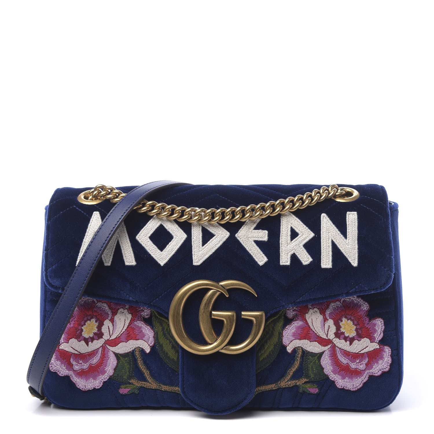 Gucci Velvet Matelasse Modern Embroidered Medium GG Marmont Shoulder Bag Cobalt 1 of 10