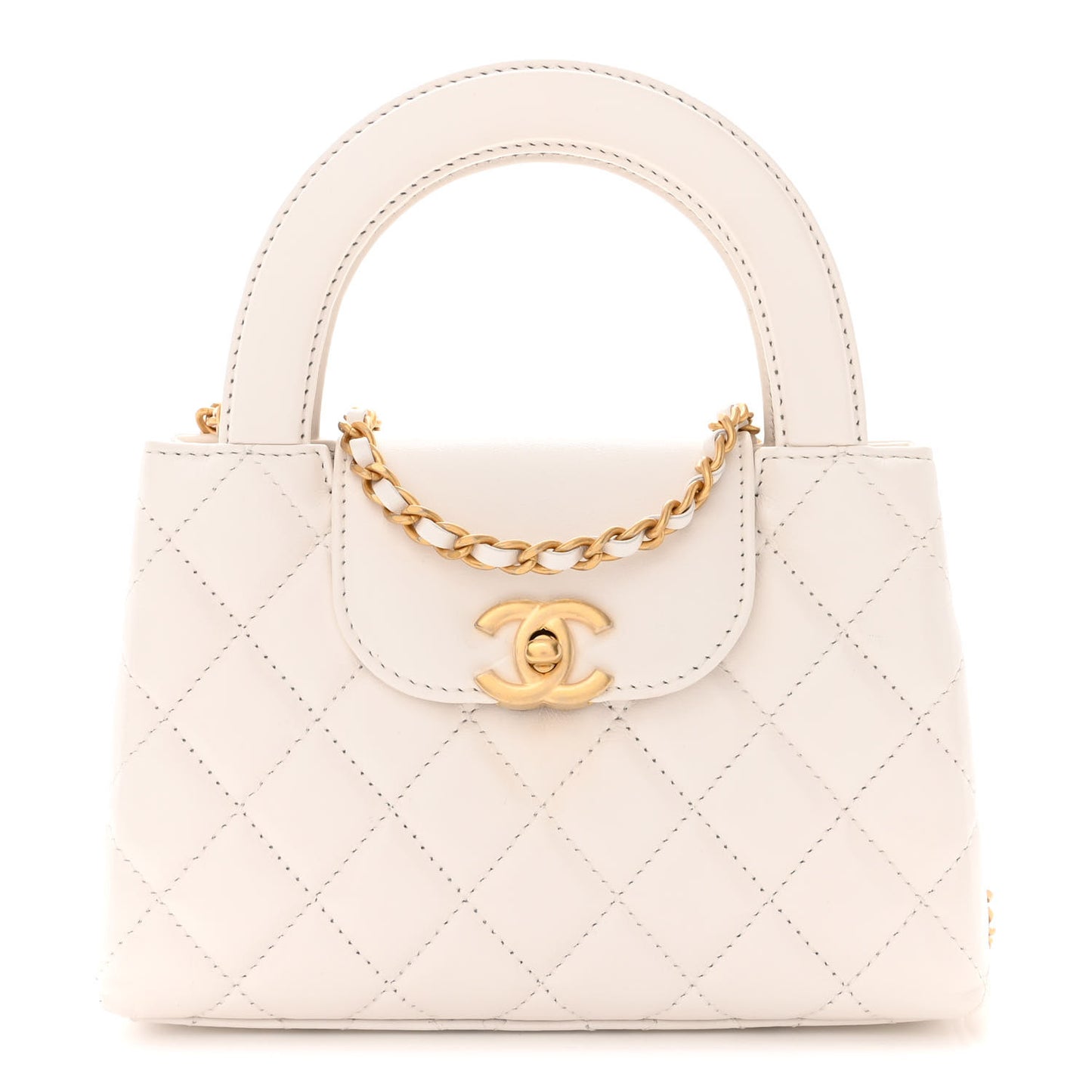 Shiny Aged Calfskin Quilted Nano Kelly Shopper White
