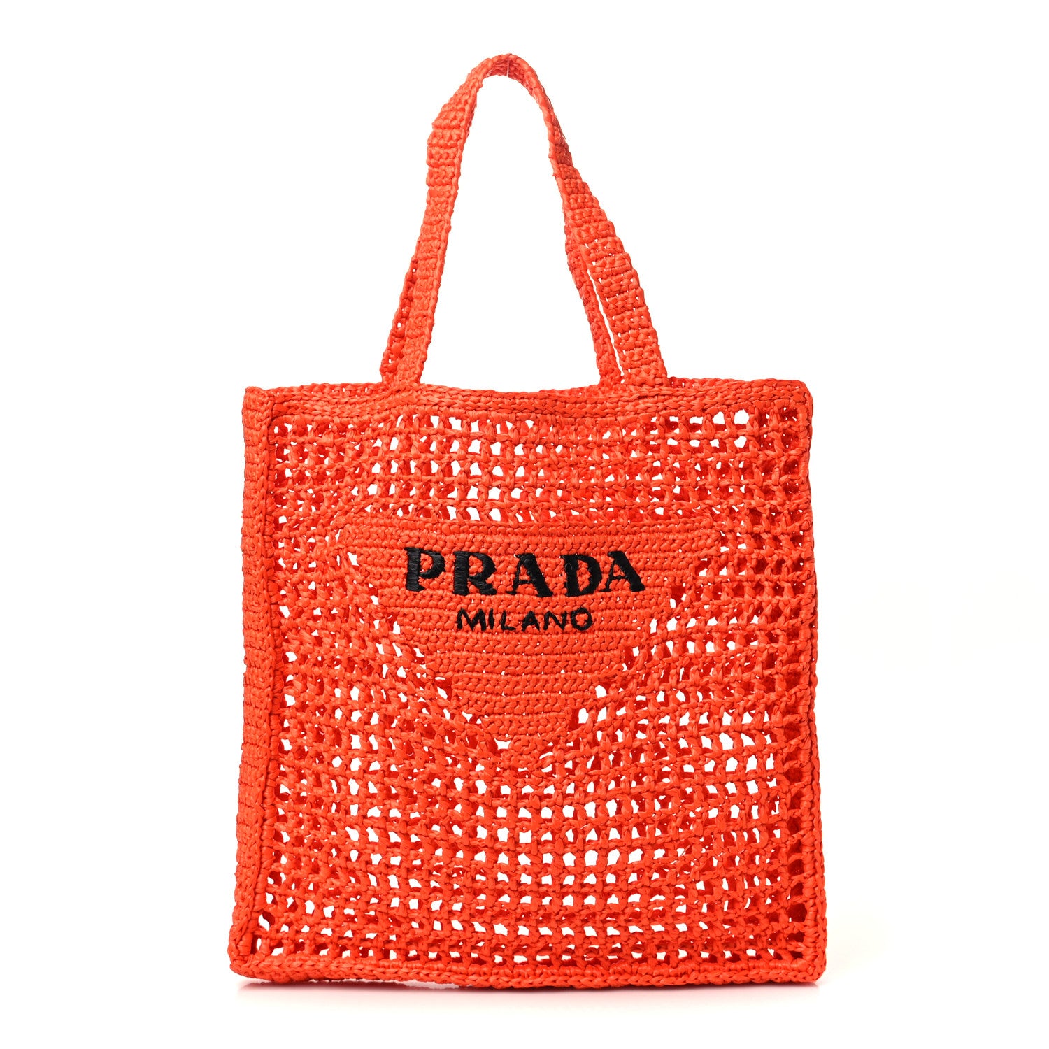 Prada Yarn Raffia Effect Crochet Logo Embroidered Tote Bag Arancio 1 of 5