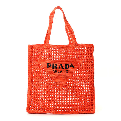 Prada Yarn Raffia Effect Crochet Logo Embroidered Tote Bag Arancio 1 of 5