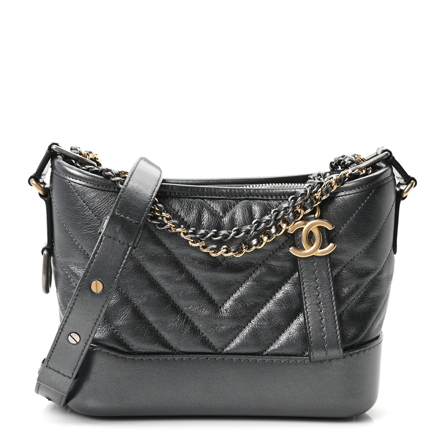 Metallic Aged Calfskin Chevron Quilted Small Gabrielle Hobo Dark Grey