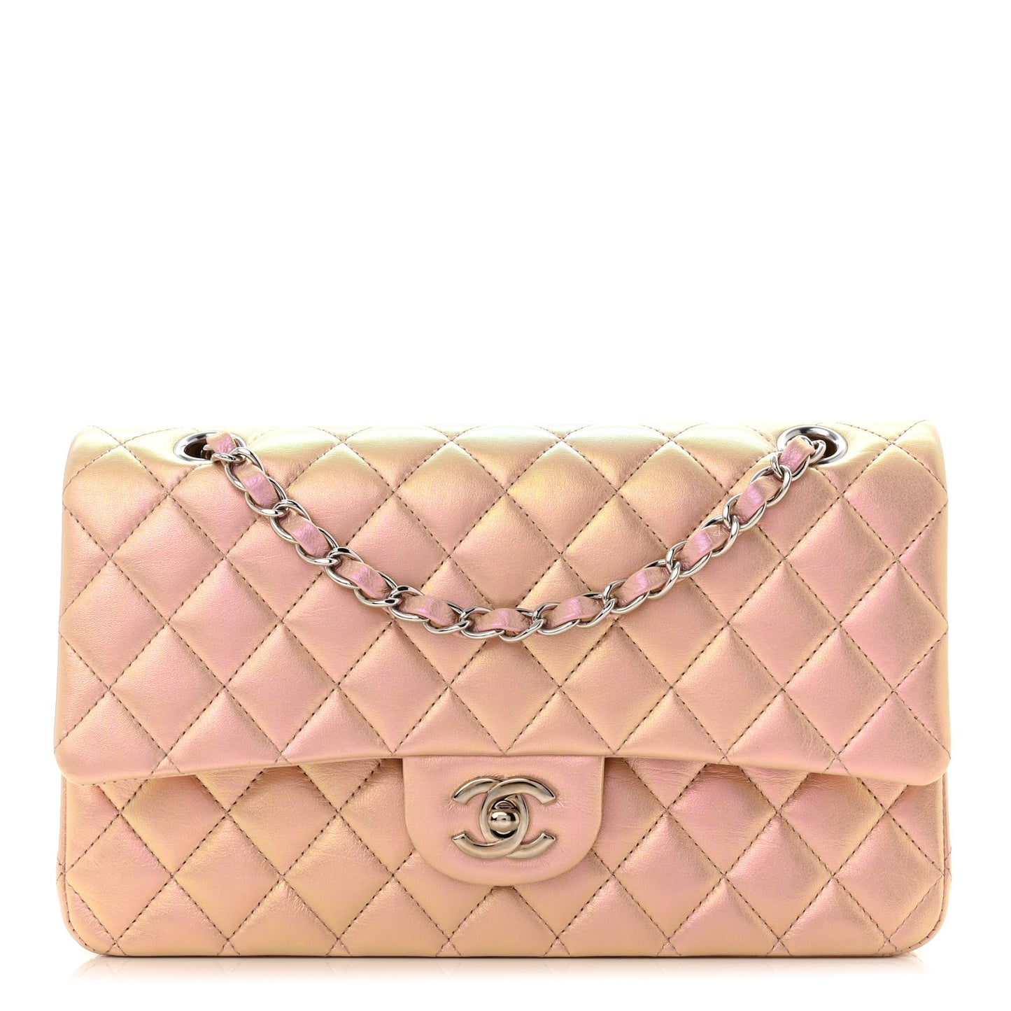 Iridescent Calfskin Quilted Medium Double Flap Pink