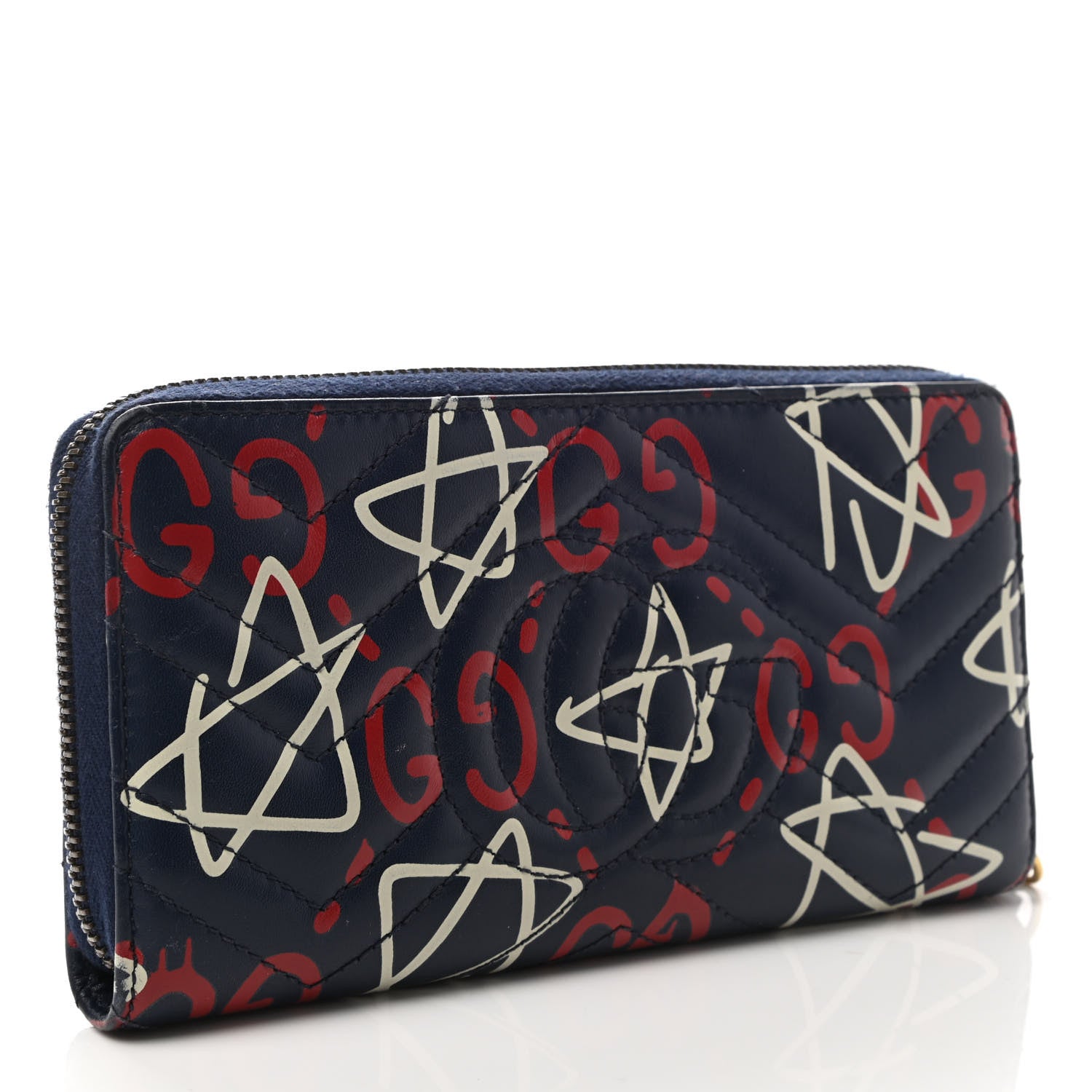 Gucci Calfskin Matelasse GucciGhost GG Marmont Zip Around Wallet Blue Agata Hibiscus Red 3 of 7