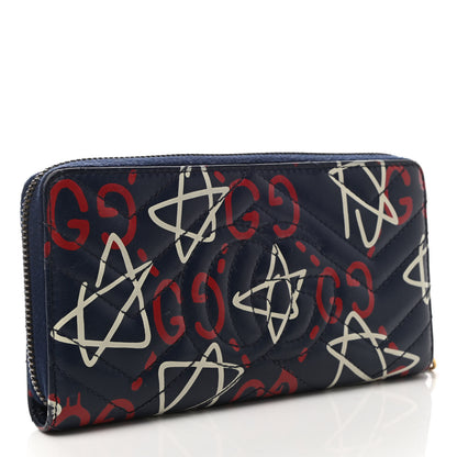 Gucci Calfskin Matelasse GucciGhost GG Marmont Zip Around Wallet Blue Agata Hibiscus Red 3 of 7