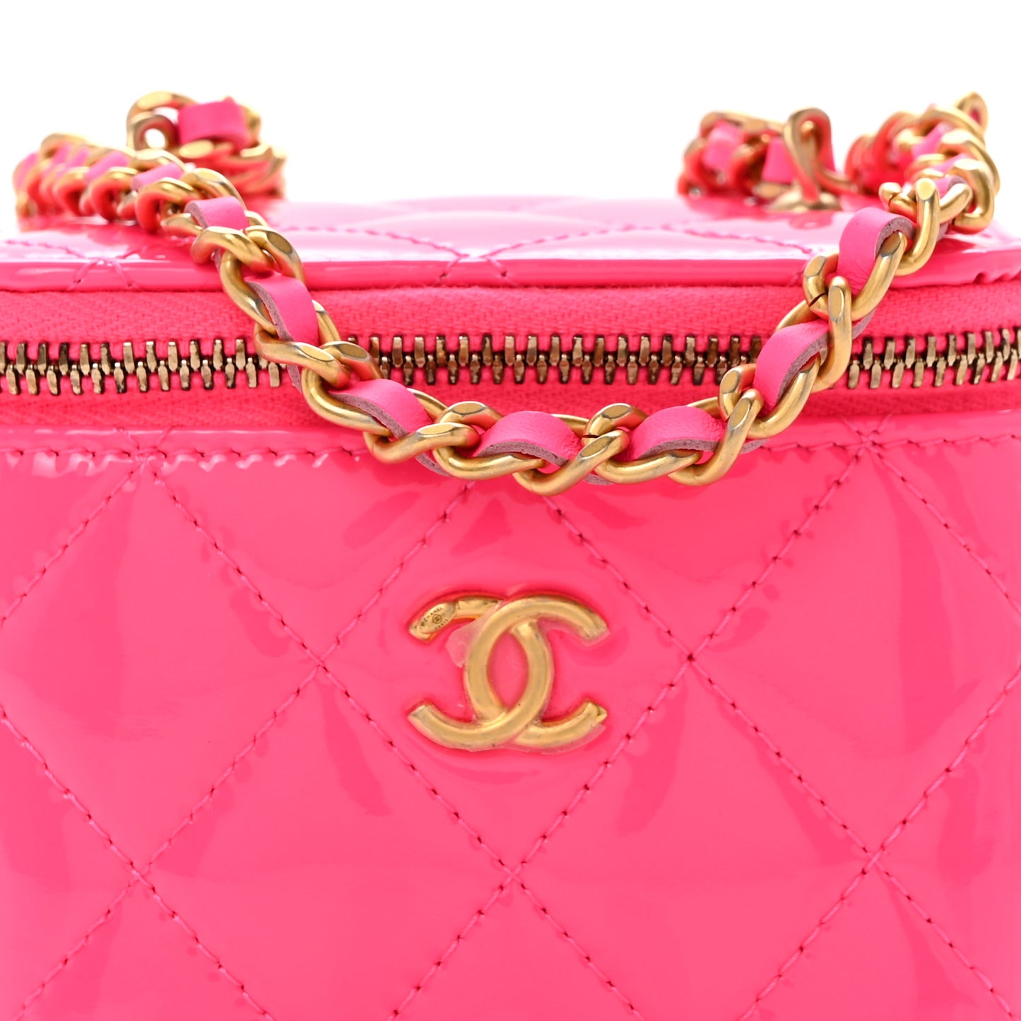 Patent Quilted Pearl Crush Mini Vanity Case With Chain Neon Pink
