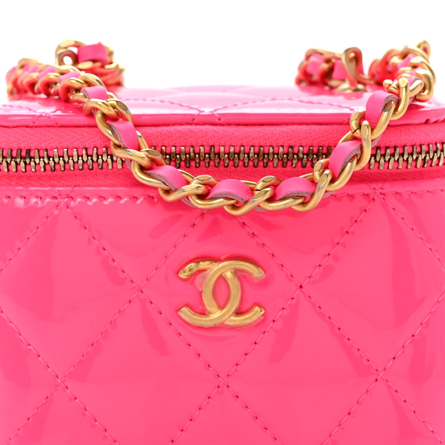 Chanel Patent Quilted Pearl Crush Mini Vanity Case With Chain Neon Pink 8 of 11
