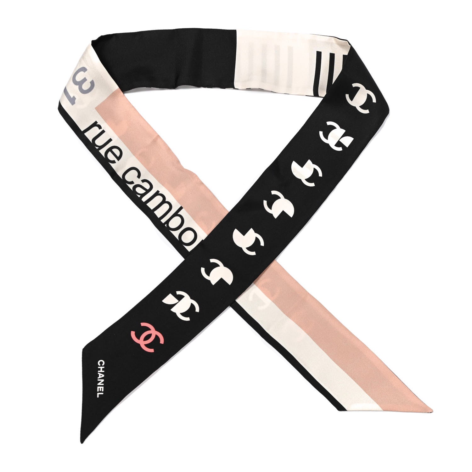 Chanel Silk 31 Rue Cambon CC Slim Bandeau Scarf Ecru Pink Black 1 of 3
