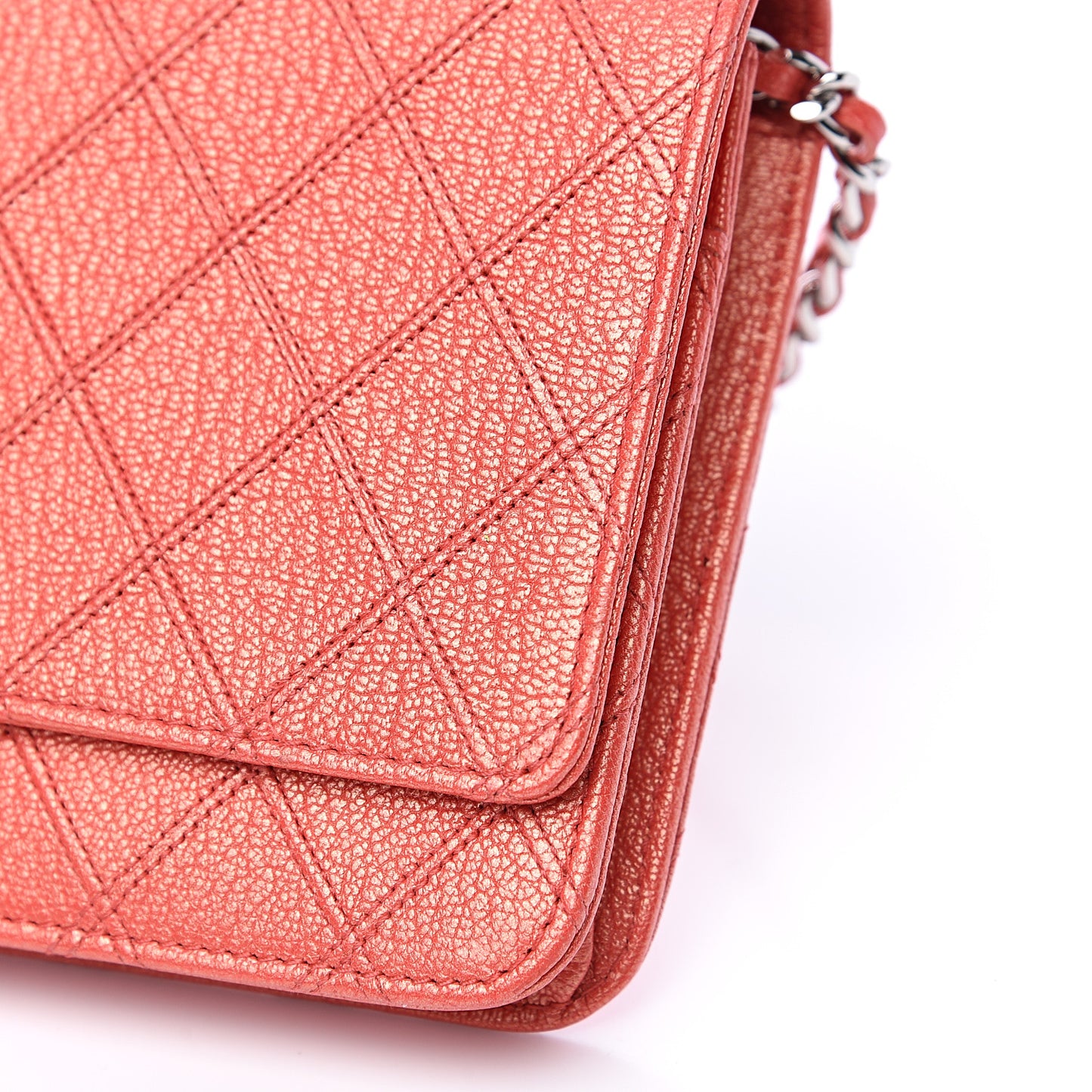 Metallic Goatskin Double Stitch Wallet On Chain WOC Orange