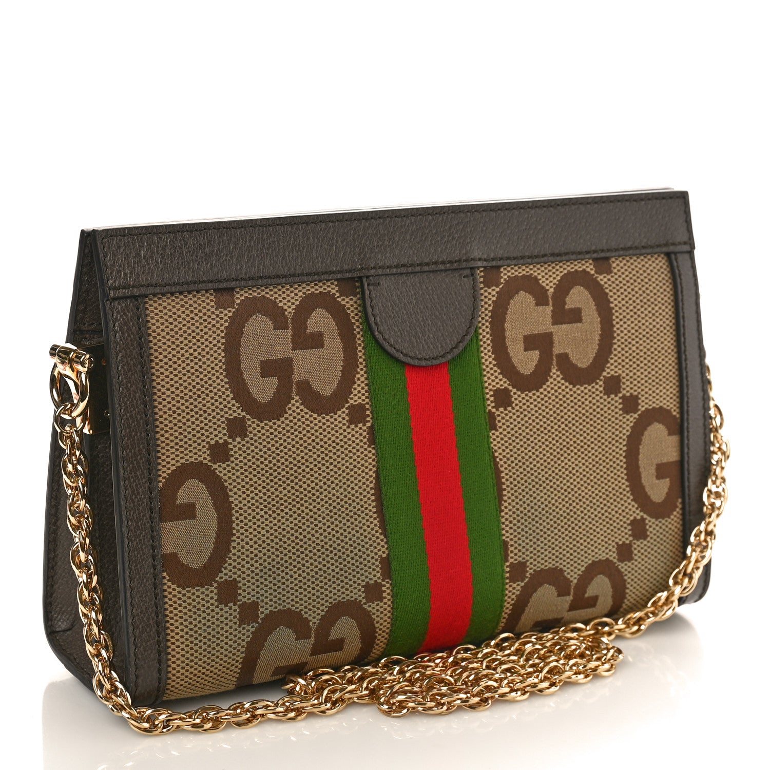 Gucci Monogram Jumbo GG Textured Dollar Calfskin Web Small Ophidia Chain Shoulder Bag Camel Ebony New Acero 3 of 8