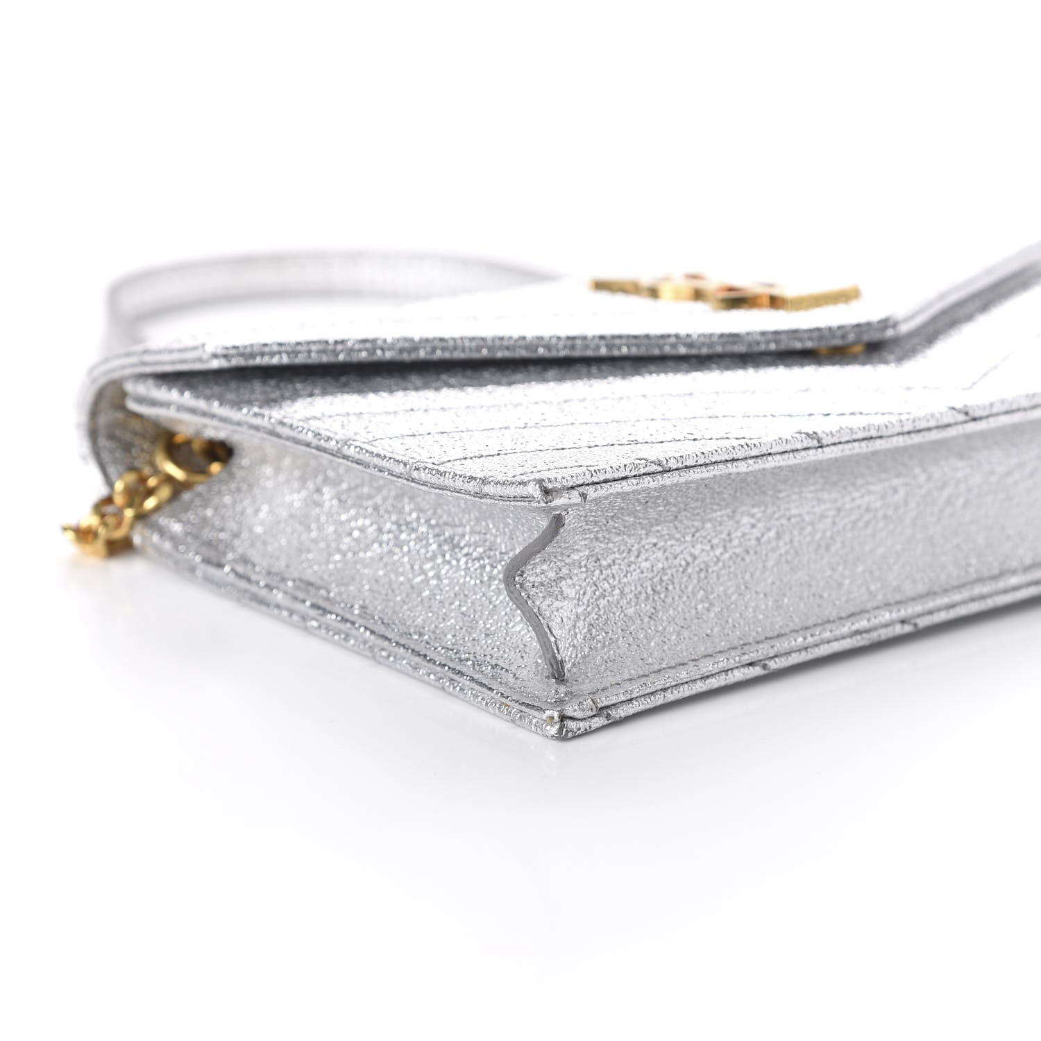 Saint Laurent Metallic Calfskin Matelasse Chevron Monogram Envelope Chain Wallet 6 of 9