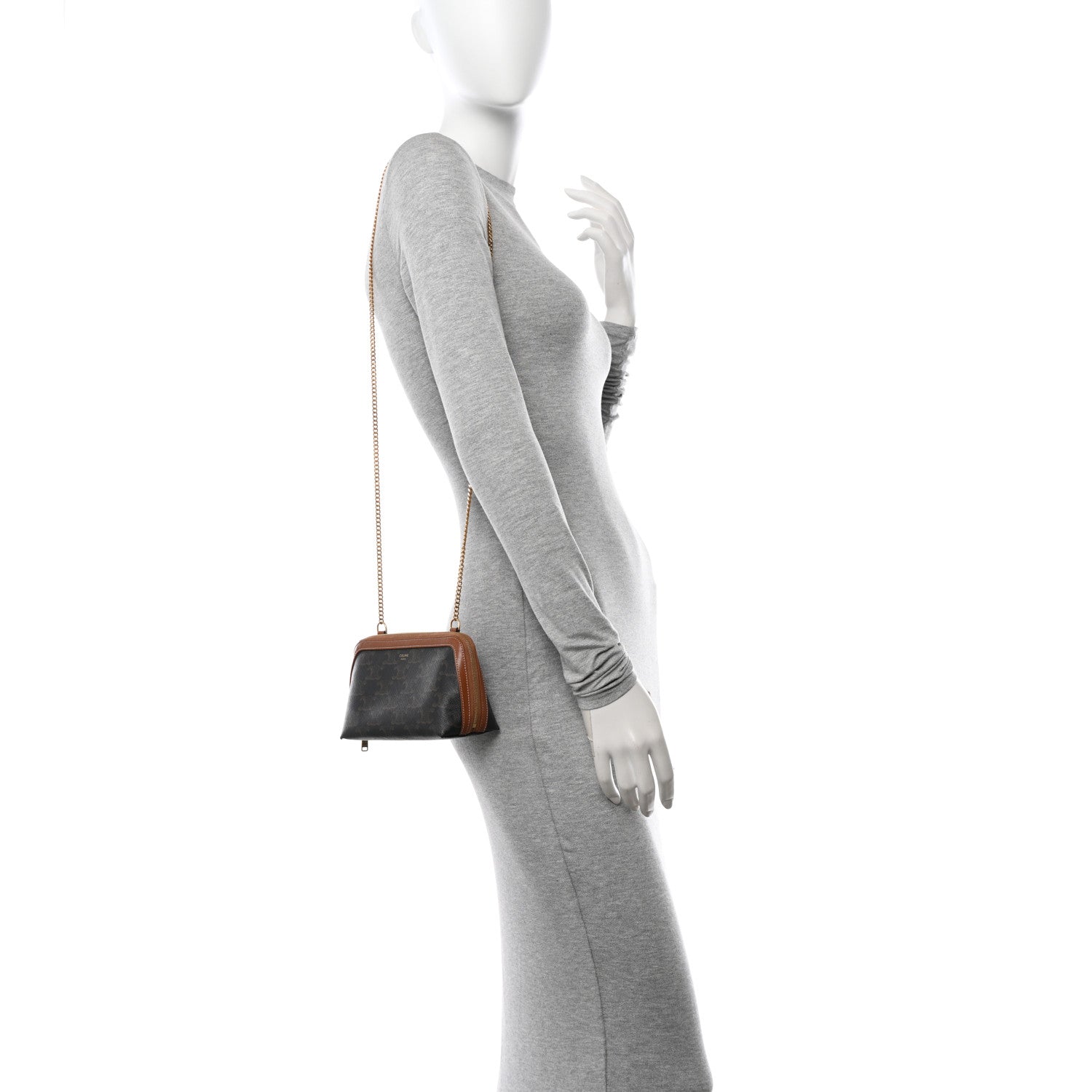 Celine Triomphe Canvas Lambskin Clutch On Chain Tan 2 of 11