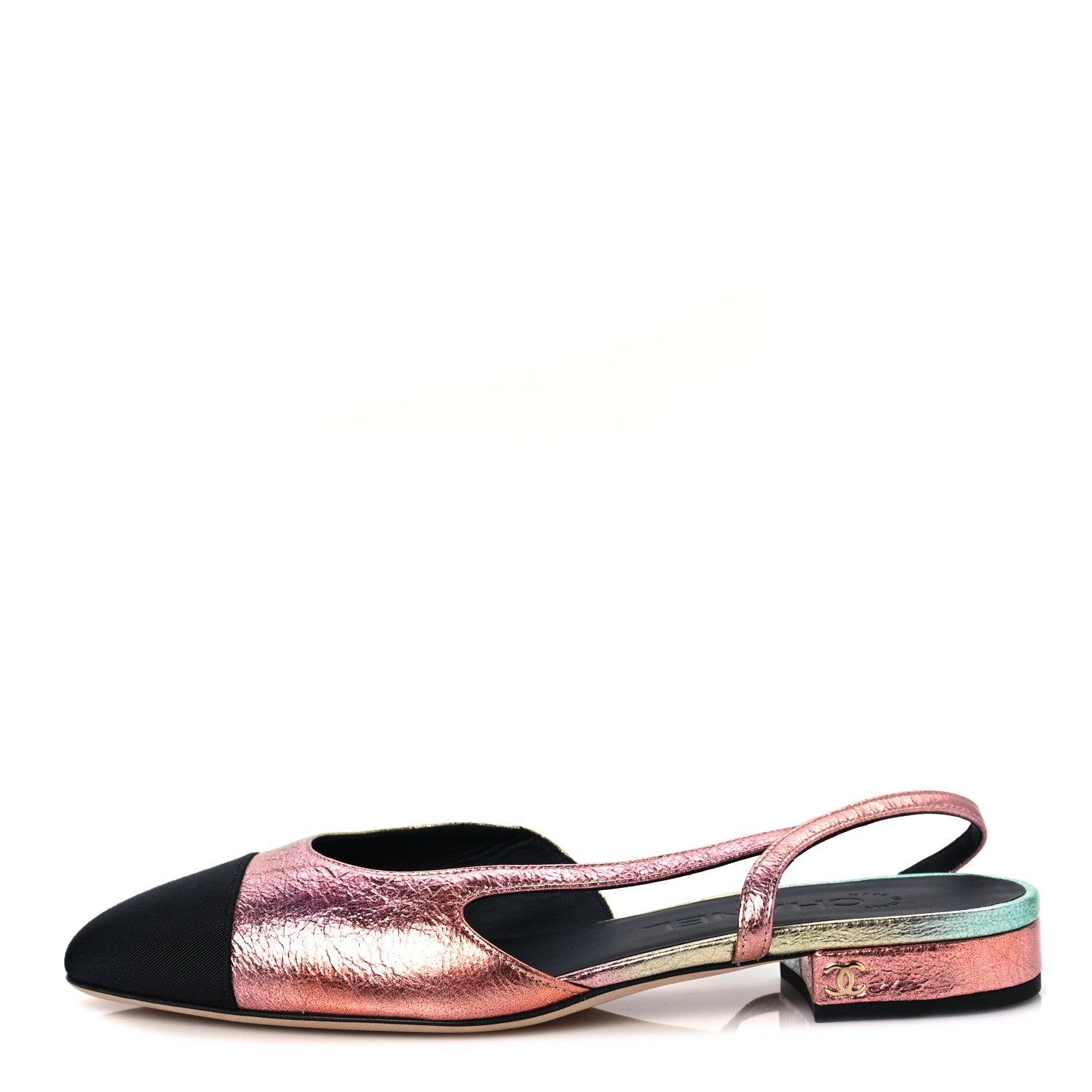 product image of CHANEL Laminated Calfskin Grosgrain Cap Toe CC Slingback Flats 36.5 Multicolor Black FASHIONPHILE
