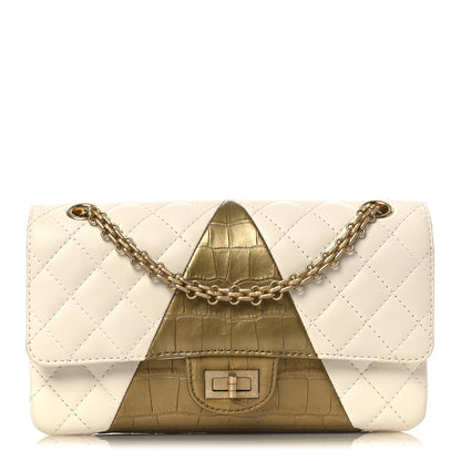 Chanel Lambskin Metallic Calfskin Crocodile Embossed 2.55 Cocodile Reissue 225 Flap White Gold 1 of 12