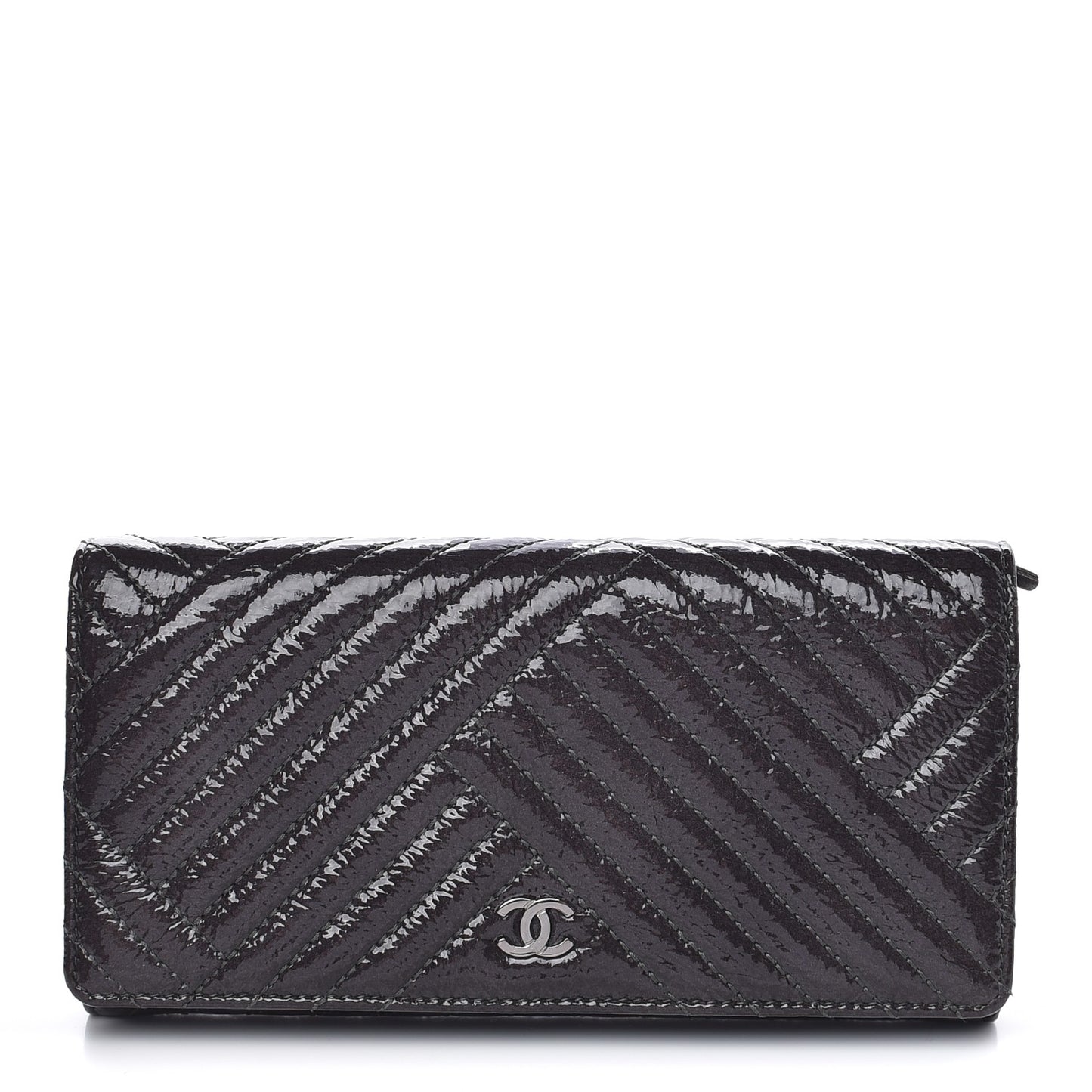 Distressed Patent Chevron Quilted CC Crossing Long Flap Wallet Grey