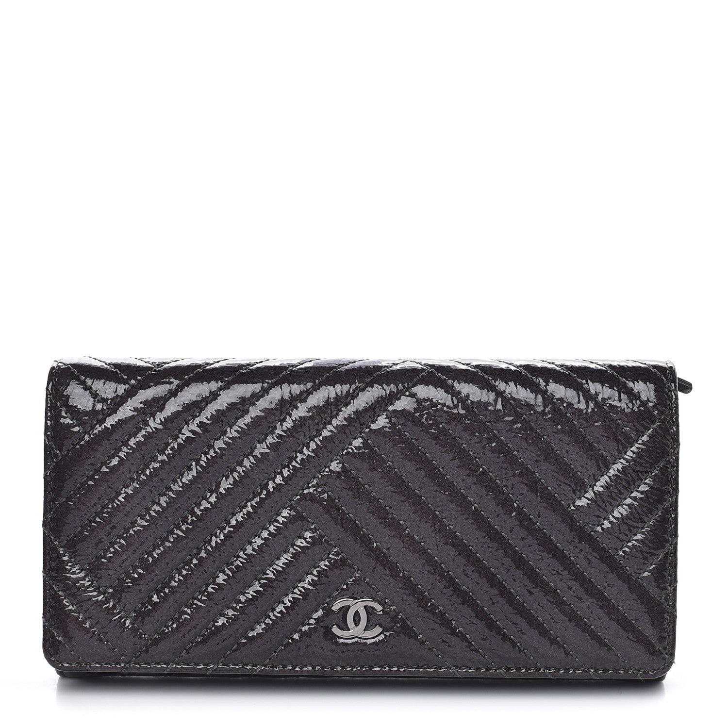 Chanel Distressed Patent Chevron Quilted CC Crossing Long Flap Wallet Grey 1 of 11