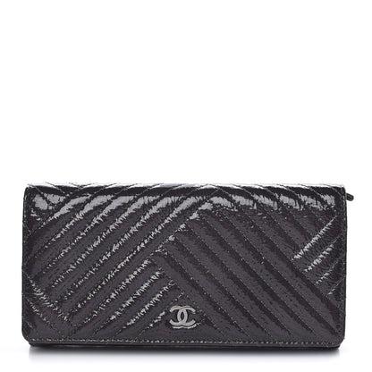 Chanel Distressed Patent Chevron Quilted CC Crossing Long Flap Wallet Grey 1 of 11