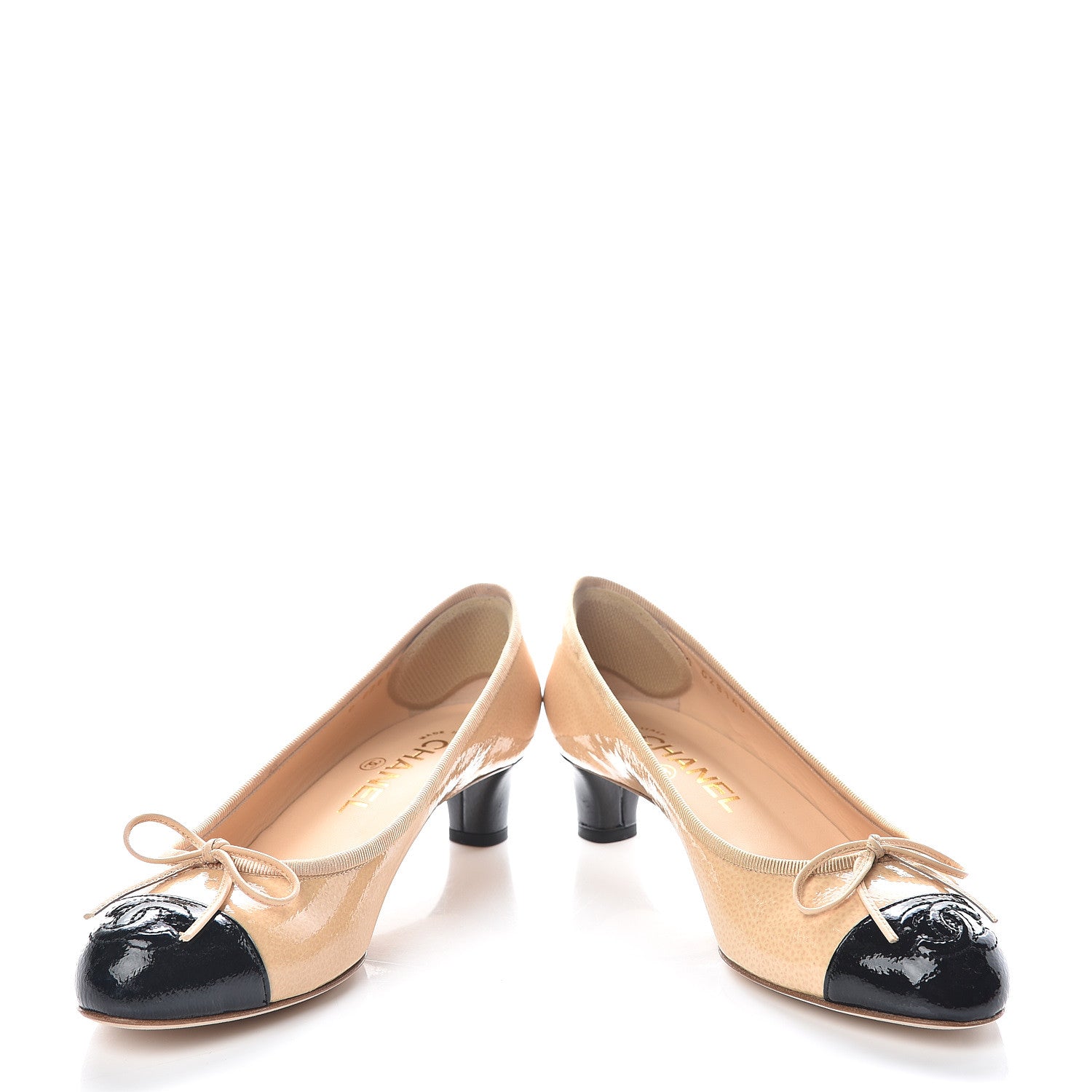 Chanel Patent CC Cap Toe Pumps 37 Light Beige Black 5 of 11
