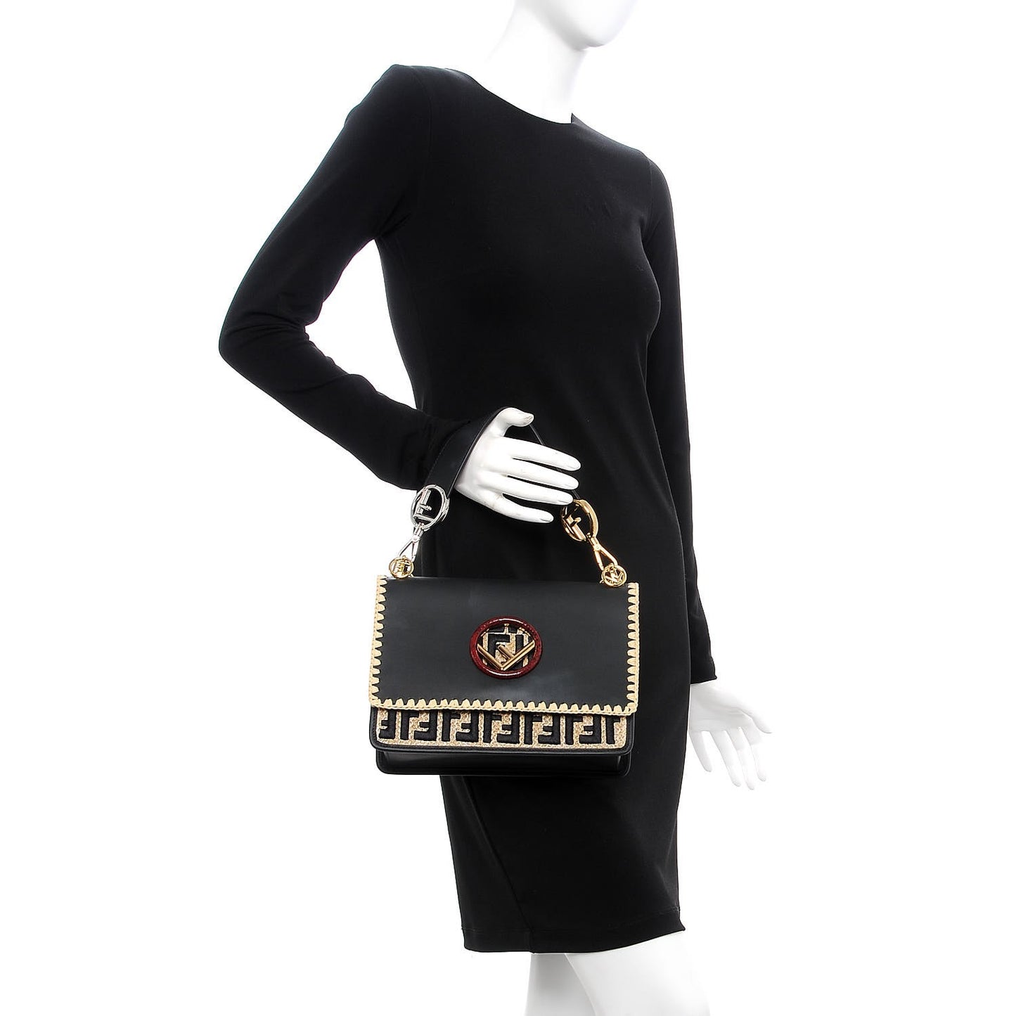 Vitello Century Raffia Snakeskin F is Fendi FF Woven Embroidered Kan I Shoulder Bag Black Natural