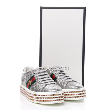 Gucci Laminated Nappa Crystal Web Bee Embroidered Trapuntata Womens Ace Platform Sneakers 40 Argento 8 of 8