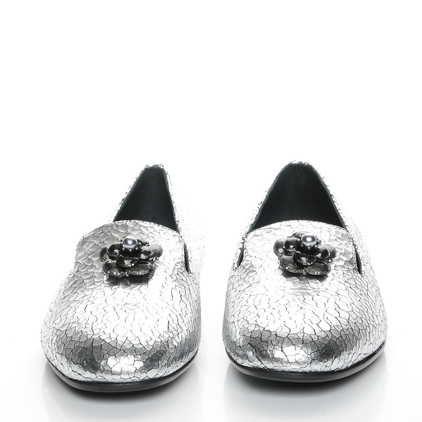 Metallic Crackled Calfskin Camellia Mocassin Loafers 37 Silver