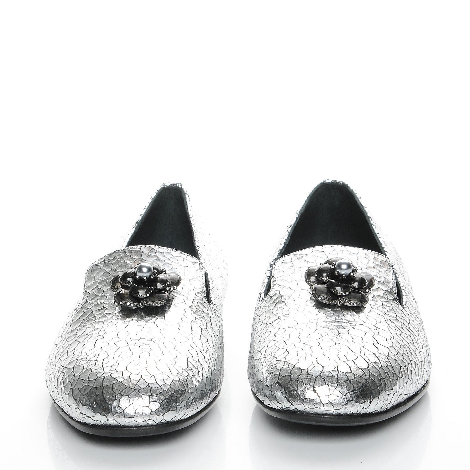 Chanel Metallic Crackled Calfskin Camellia Mocassin Loafers 37 Silver 2 of 9