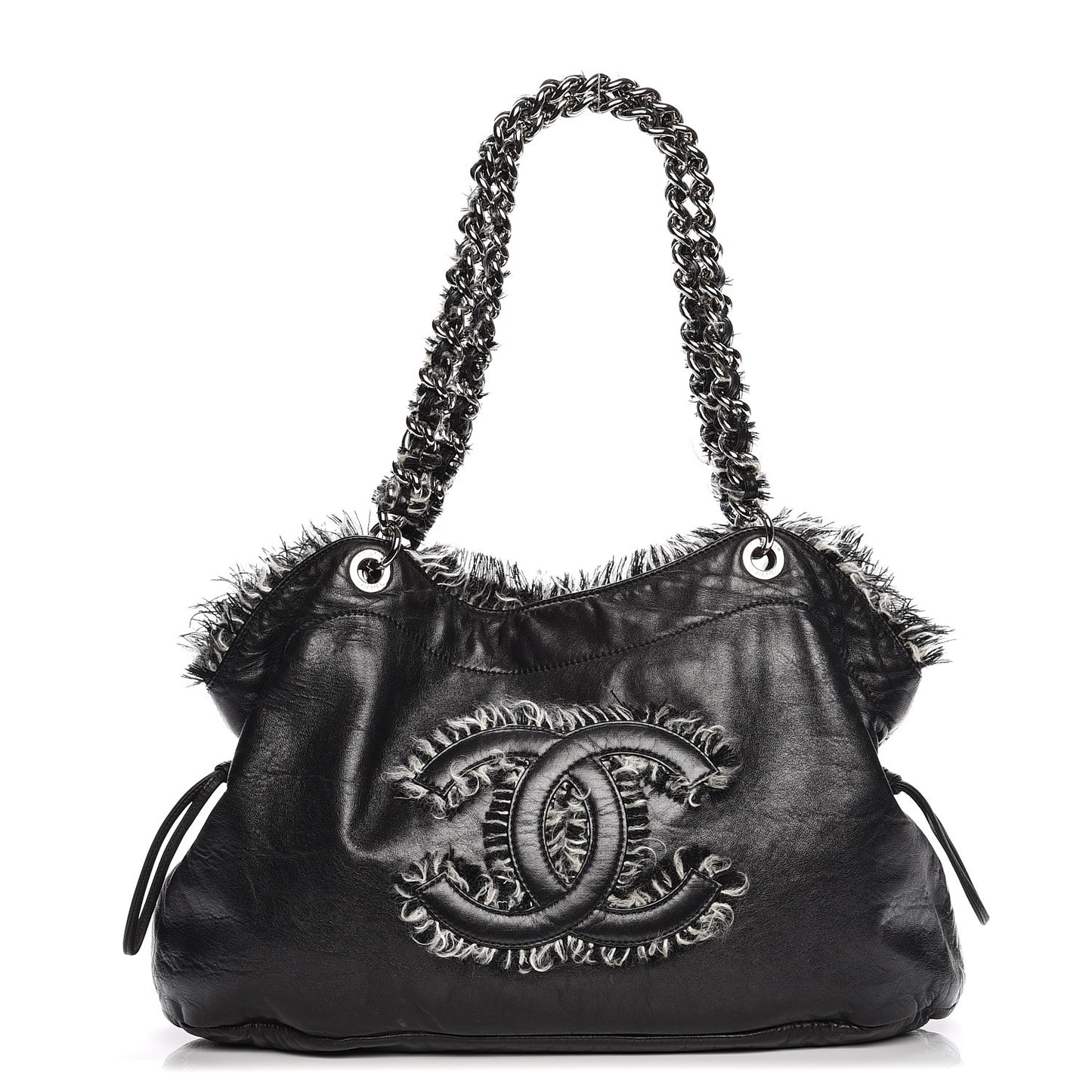 Tweed Lambskin Drawstring Tweedy Tote Black