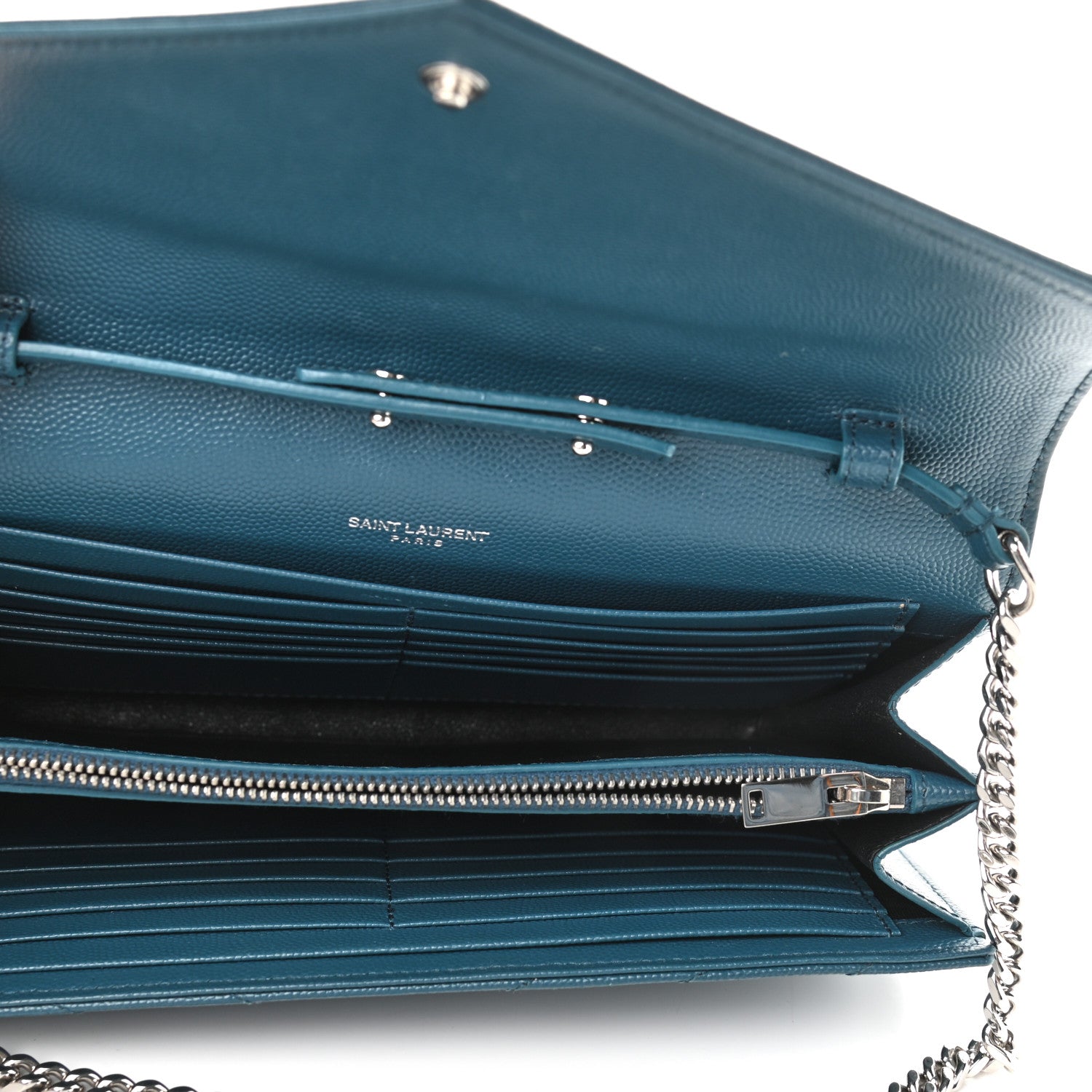 Saint Laurent Grain De Poudre Matelasse Chevron Medium Monogram Chain Wallet Peacock Green 6 of 15
