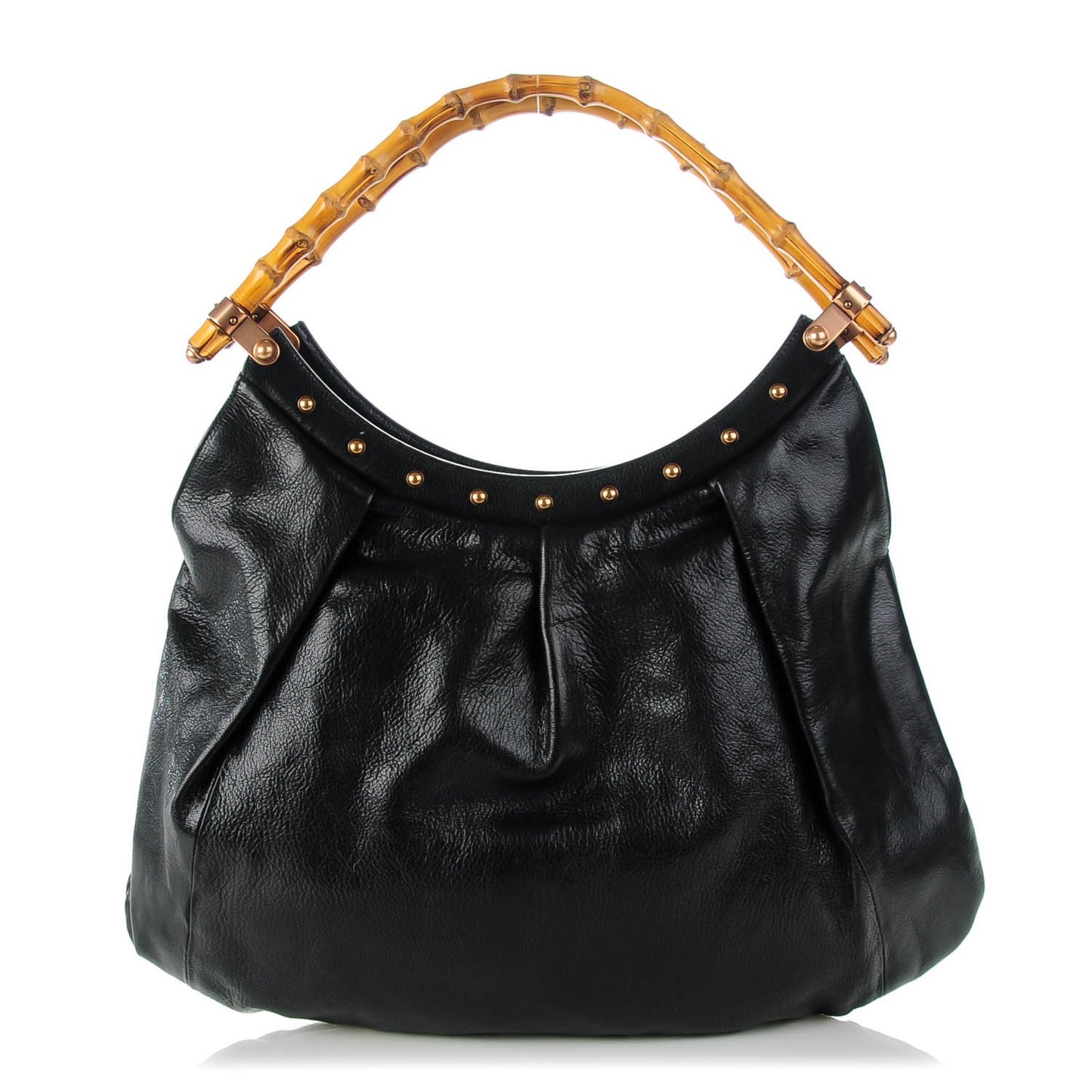 Calfskin Studded Bamboo Top Handle Shoulder Black