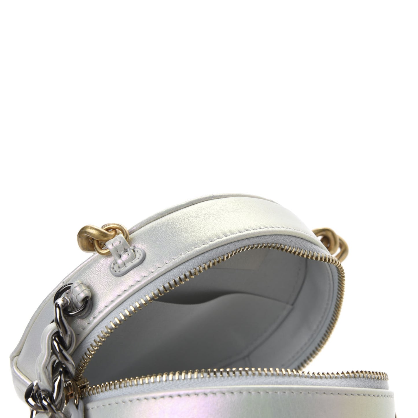 Iridescent Calfskin Quilted 19 Round Clutch With Chain White