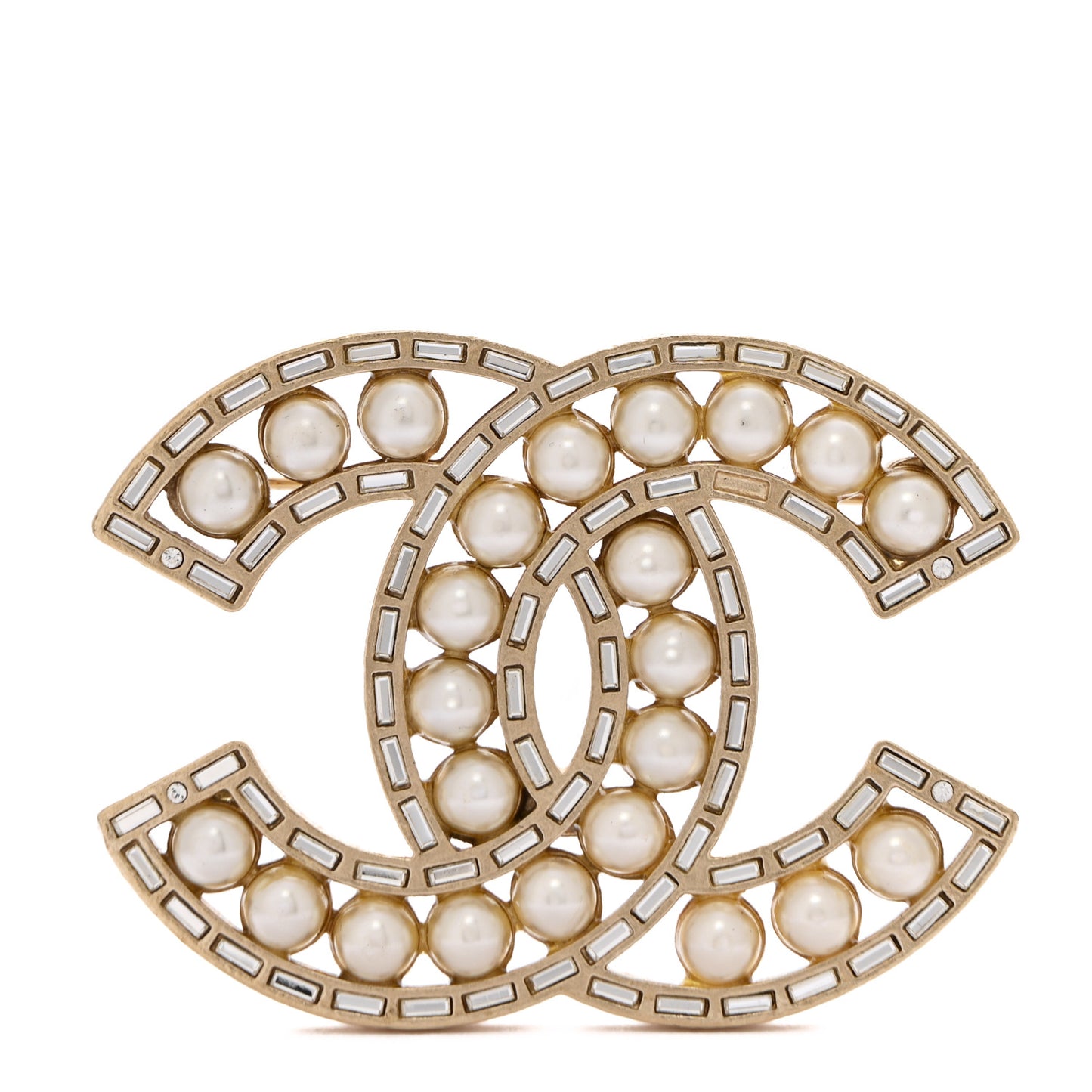 Pearl Crystal Baguette CC Brooch Gold