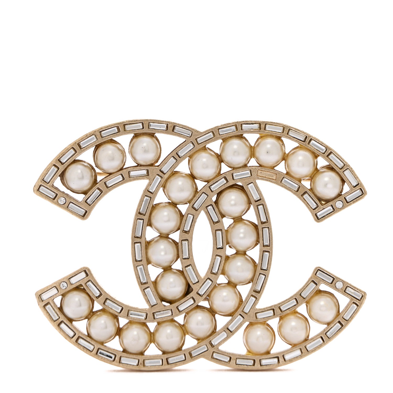 Chanel Pearl Crystal Baguette CC Brooch Gold 1 of 4