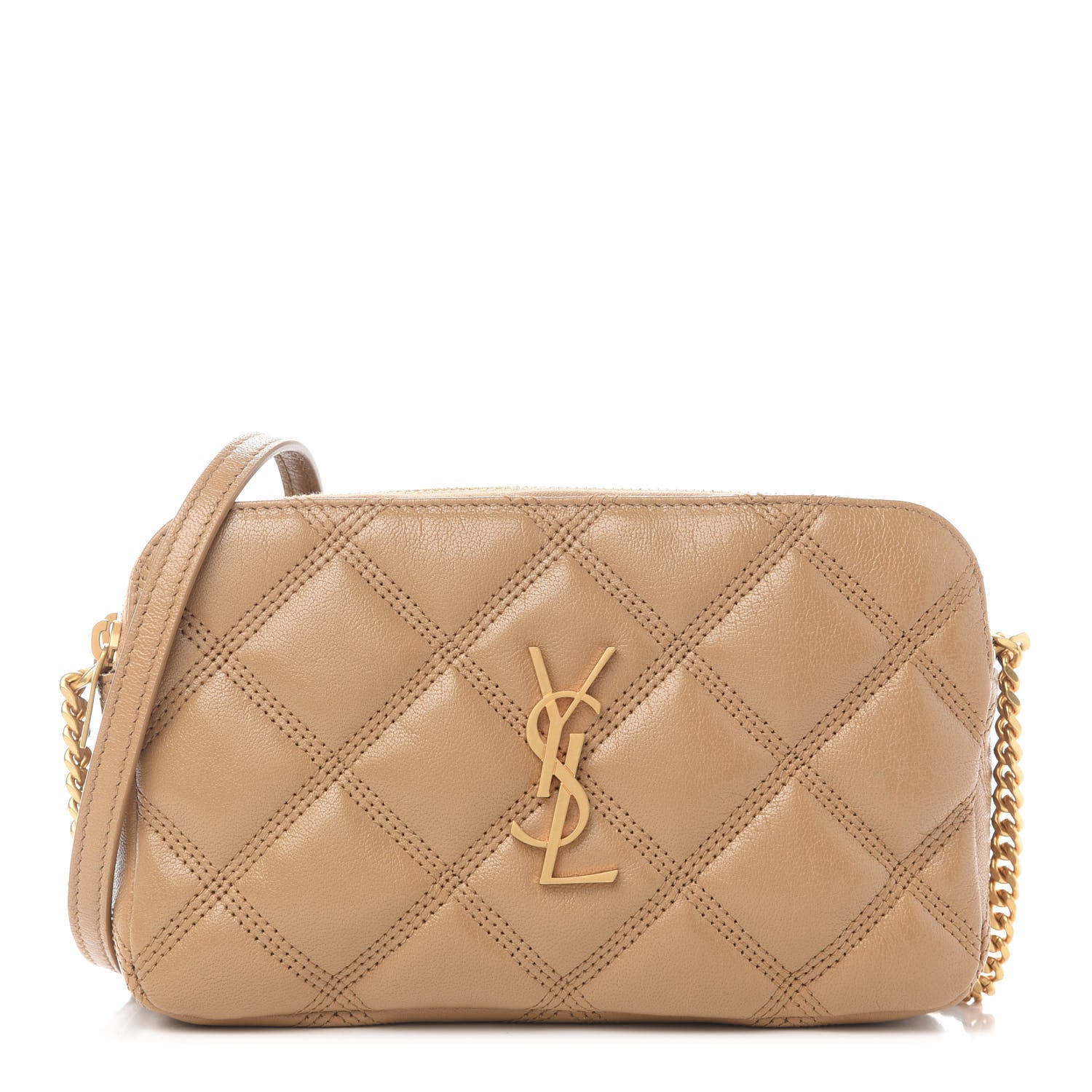 Saint Laurent Grained Lambskin Quilted Mini Becky Double Zip Bag Dark Beige 1 of 9