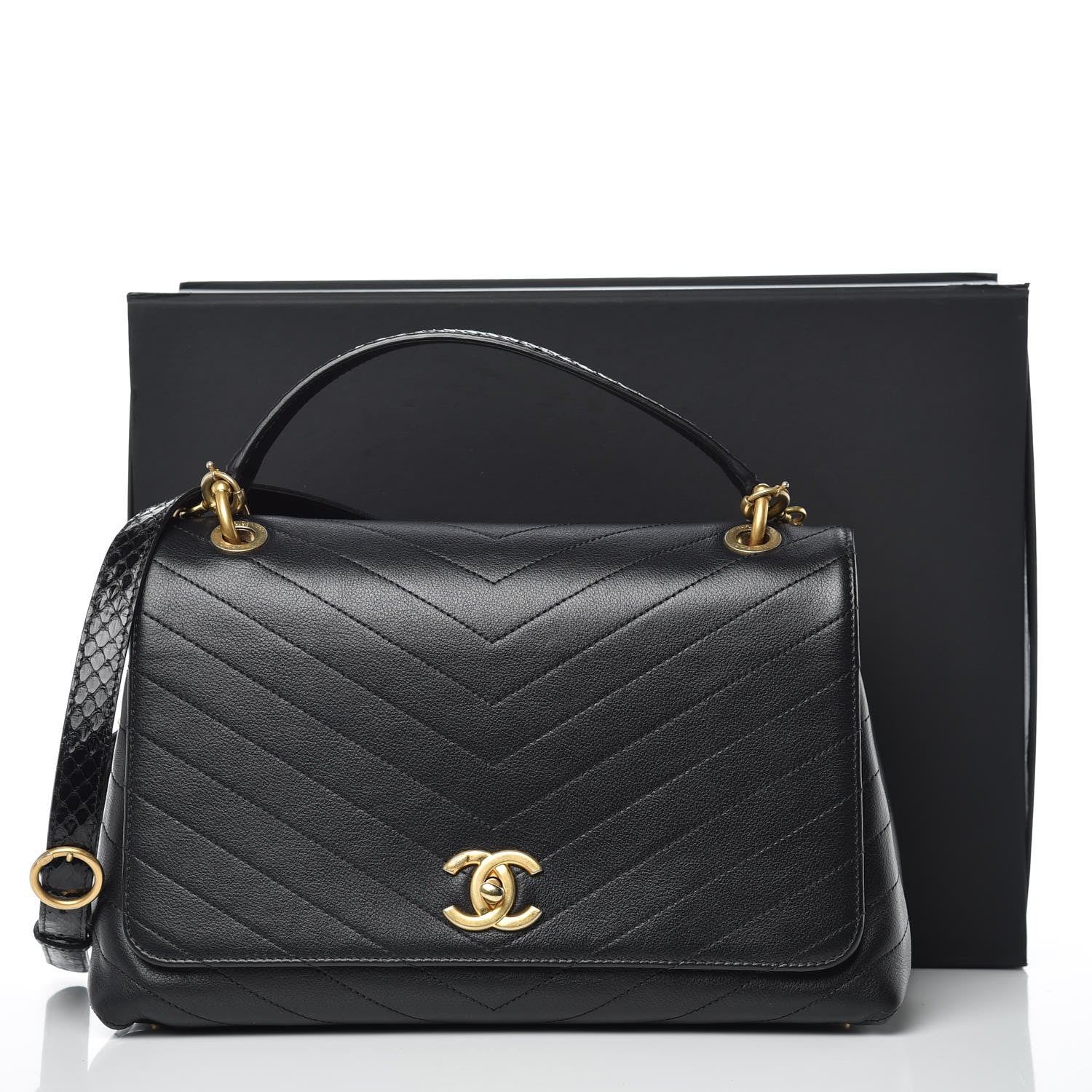 Chanel Grained Calfskin Elaphe Stitched Medium Chevron Chic Top Handle Flap Black 11 of 13