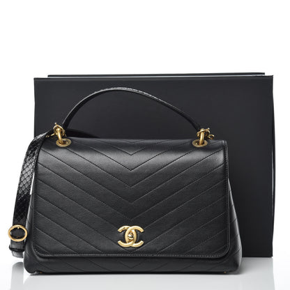 Chanel Grained Calfskin Elaphe Stitched Medium Chevron Chic Top Handle Flap Black 11 of 13