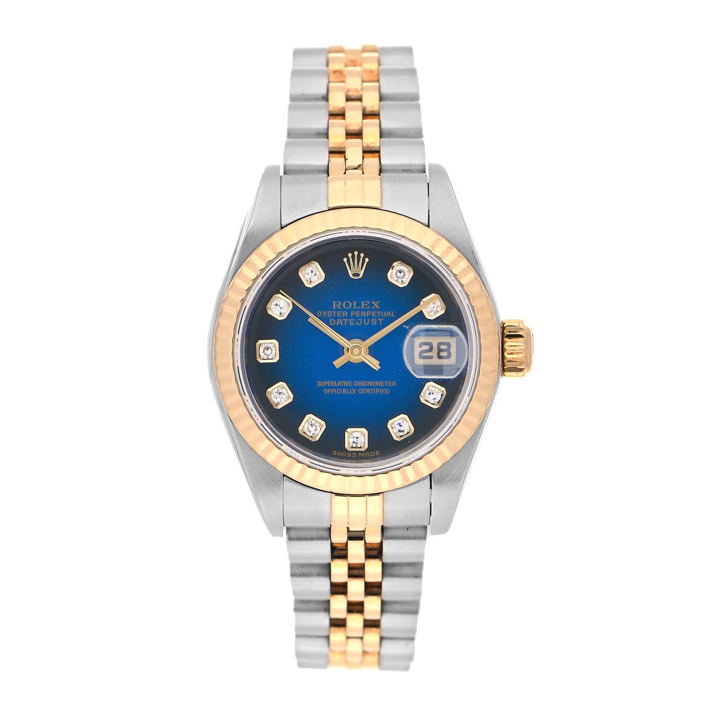 Stainless Steel 18K Yellow Gold Diamond 26mm Oyster Perpetual Datejust Watch Blue Gradient 79173