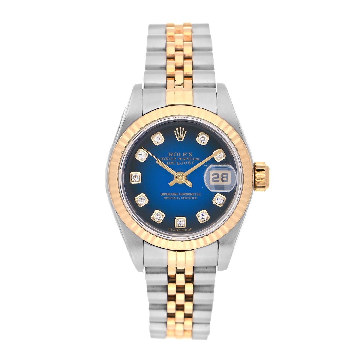 Rolex Stainless Steel 18K Yellow Gold Diamond 26mm Oyster Perpetual Datejust Watch Blue Gradient 79173 1 of 4