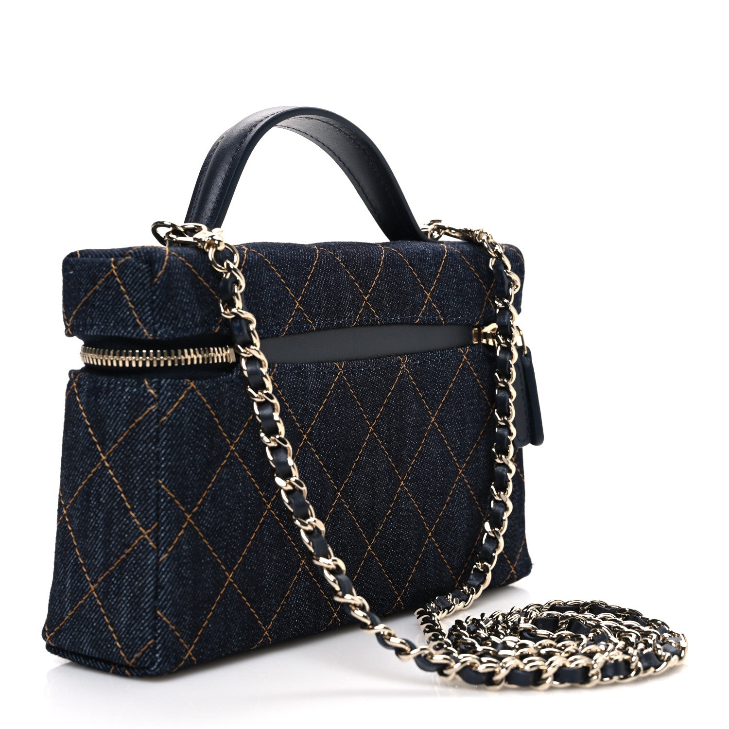 Chanel Denim Quilted Top Handle Slim Vanity Case With Chain Dark Blue Orange 3 of 10