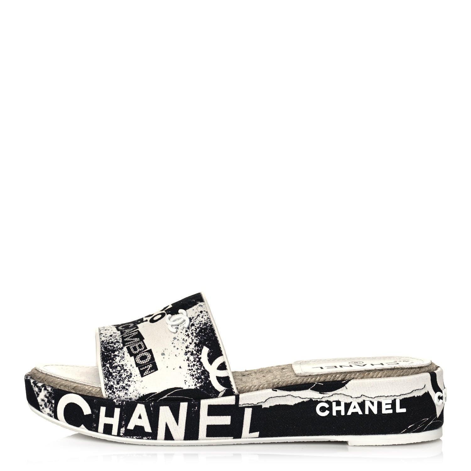Chanel Fabric Grosgrain Printed CC Espadrille Slip On Sandals 40 White Black 1 of 9