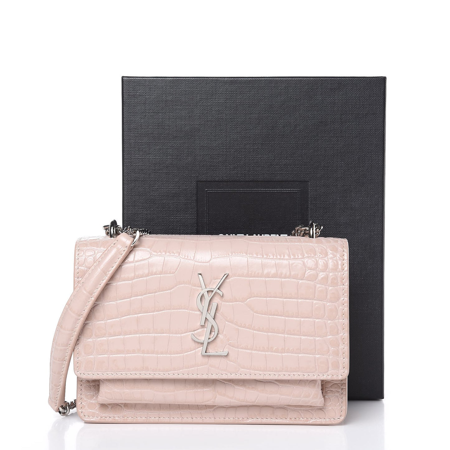 Calfskin Crocodile Embossed Monogram Sunset Chain Wallet Rose Antic