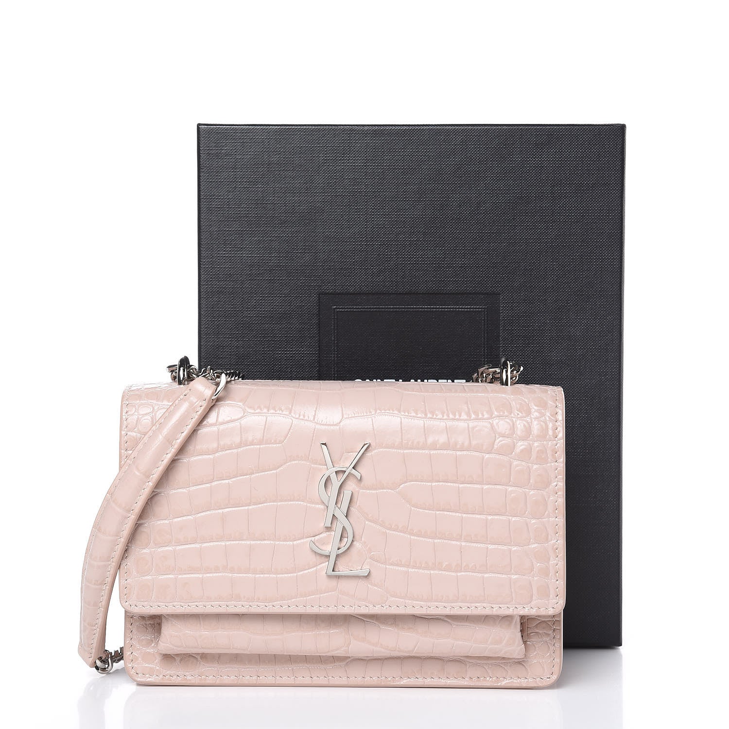 Saint Laurent Calfskin Crocodile Embossed Monogram Sunset Chain Wallet Rose Antic 9 of 9