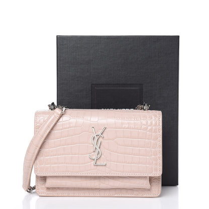 Saint Laurent Calfskin Crocodile Embossed Monogram Sunset Chain Wallet Rose Antic 9 of 9