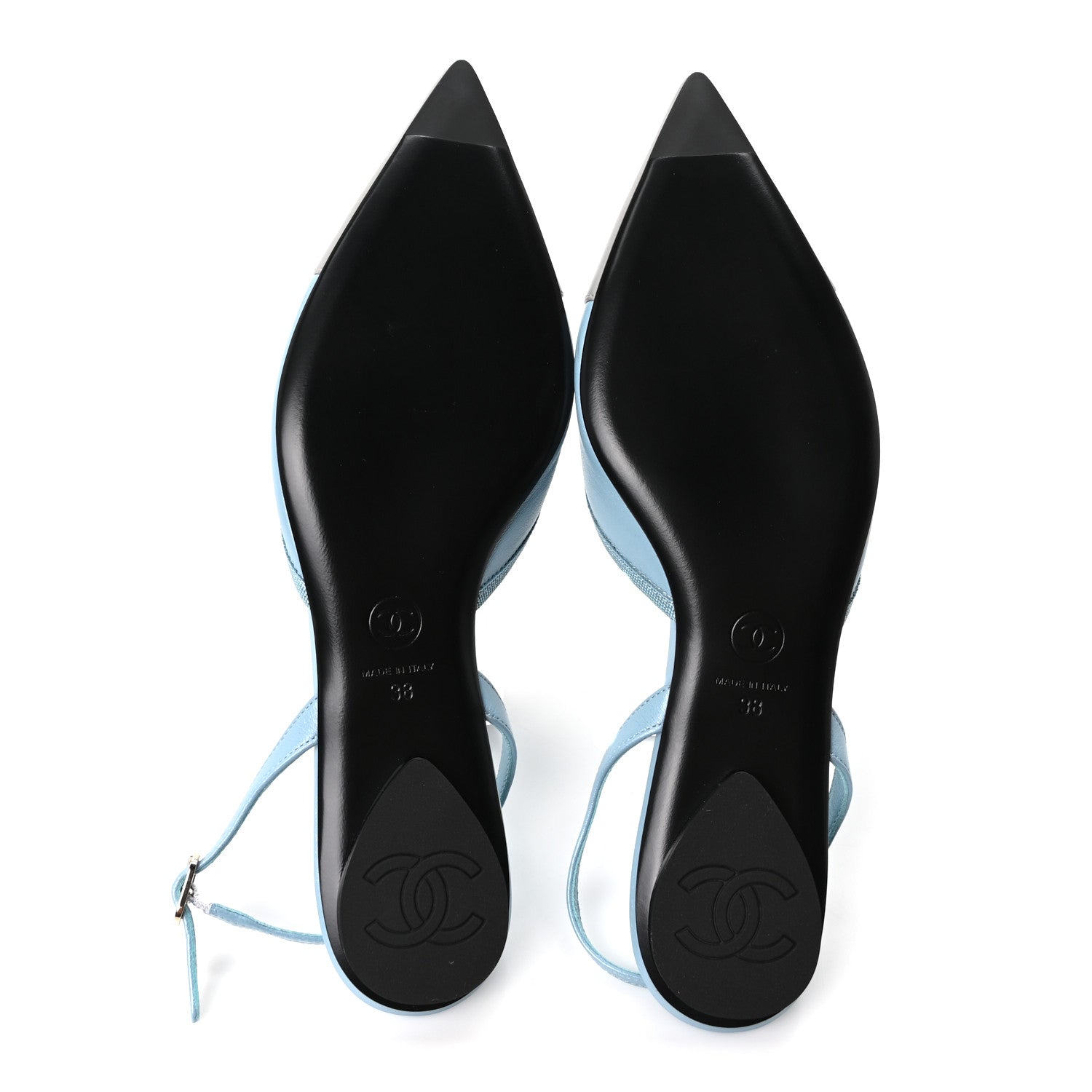 Chanel Iridescent Lambskin Cap Toe CC Slingback Flats 38 Light Blue Grey 6 of 10