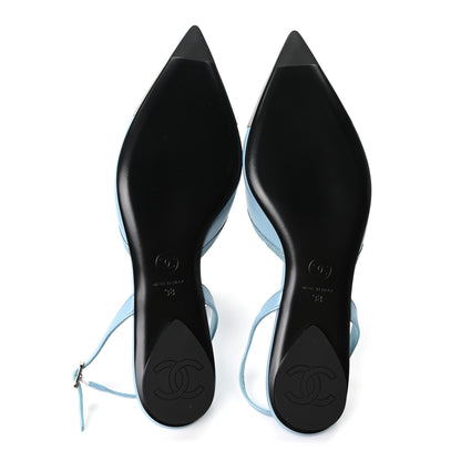 Chanel Iridescent Lambskin Cap Toe CC Slingback Flats 38 Light Blue Grey 6 of 10