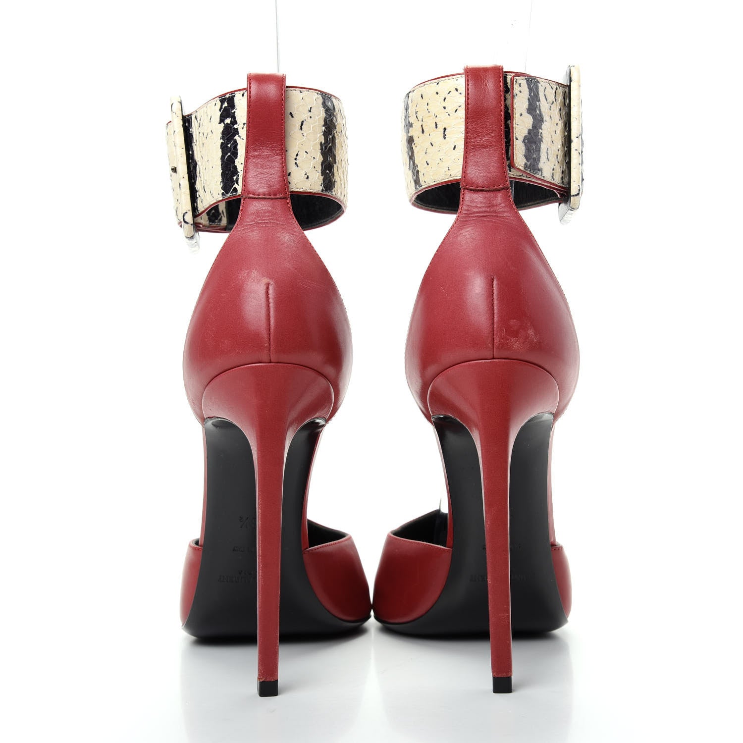 Saint Laurent Calfskin Snakeskin Ankle Strap Pumps 38.5 Red Cream 7 of 12
