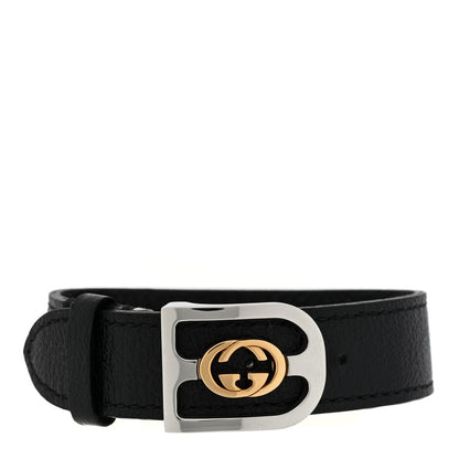 Gucci Stainless Steel 18K Yellow Gold Leather Interlocking G Buckle Bracelet Black 1 of 4