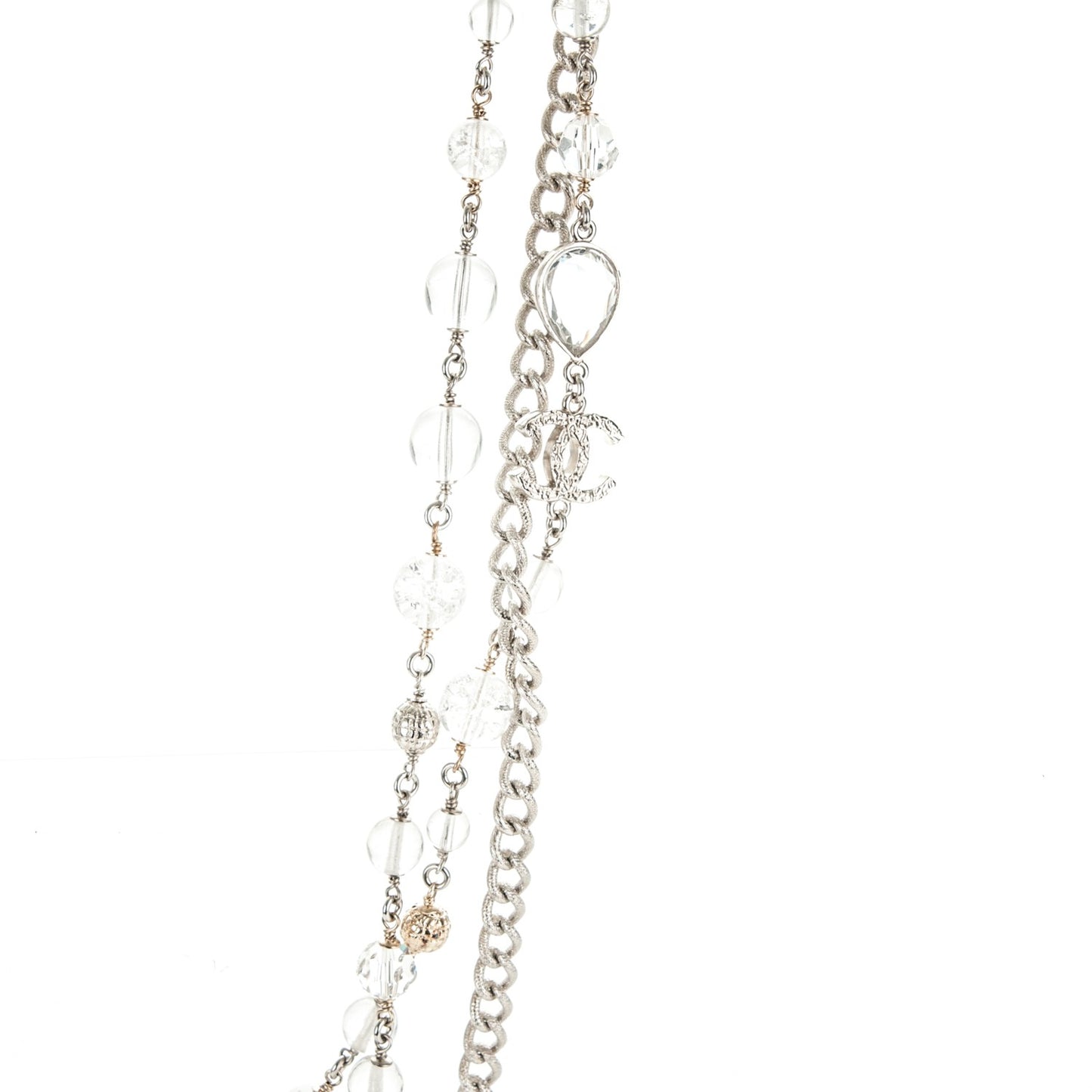 Crystal Bead CC Long Necklace Silver