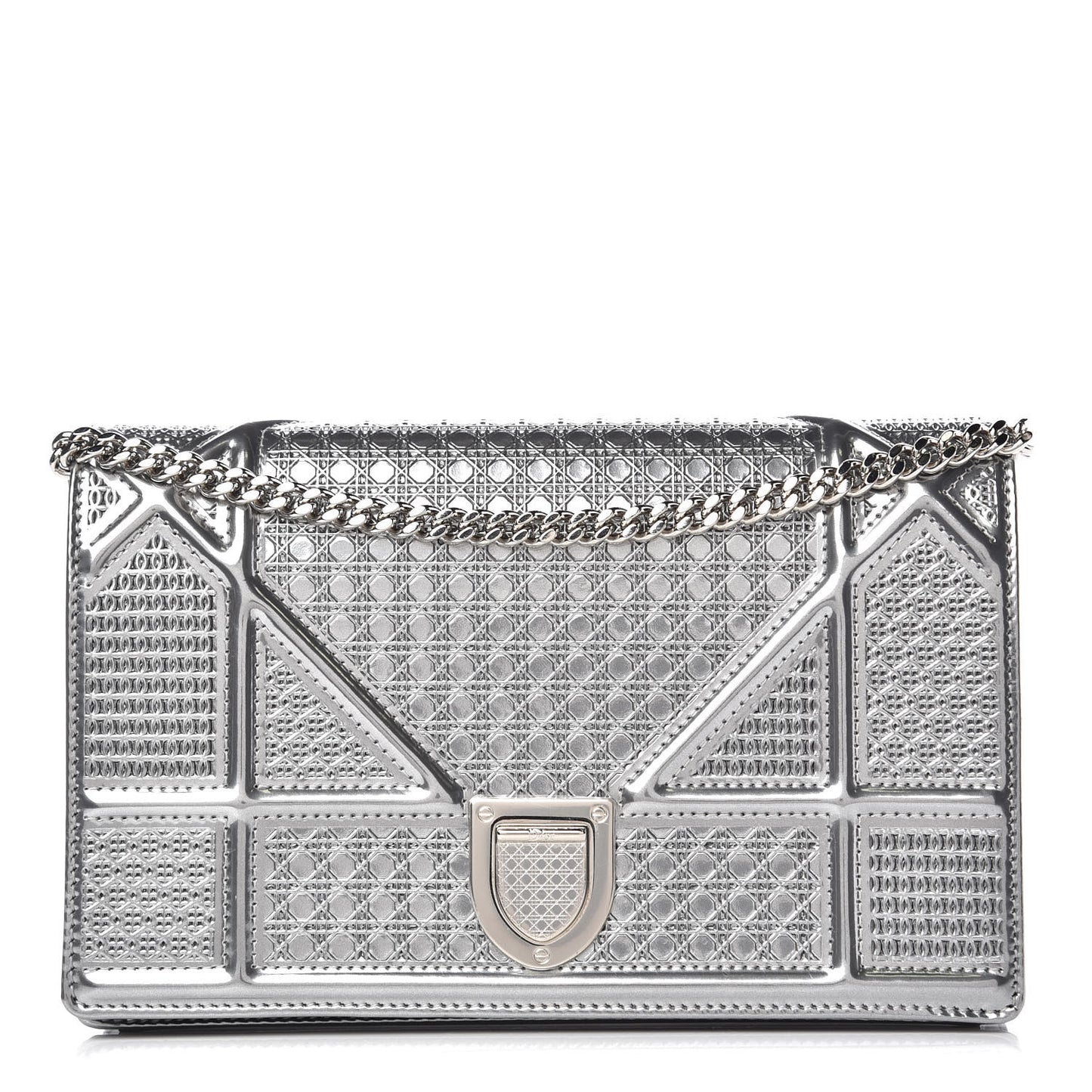 Metallic Patent Micro-Cannage Diorama Wallet on Chain Pouch Silver