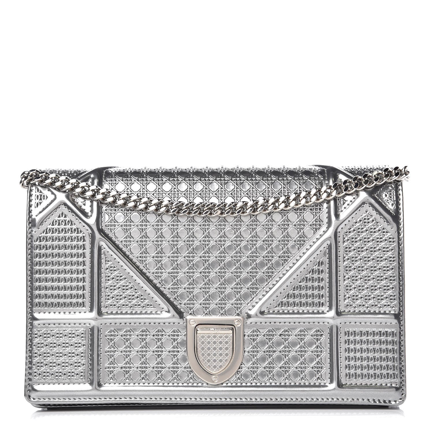 Christian Dior Metallic Patent Micro-Cannage Diorama Wallet on Chain Pouch Silver 1 of 9